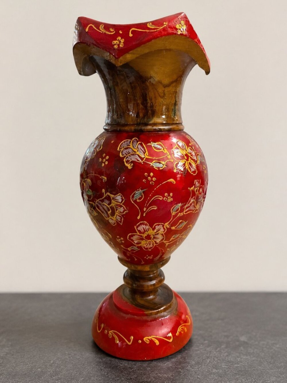 Vintage Hand Turned Painted Wood Red Gold Floral Decorative Vase 8"